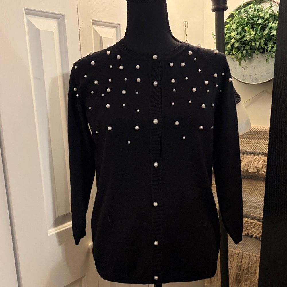 Carmen Chic Black Cardigan with Pearls - Picture 1 of 6